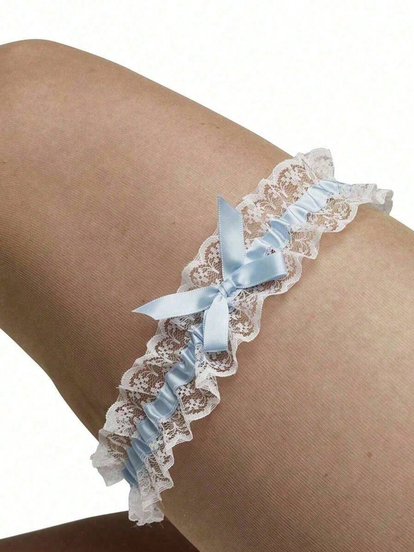 Elegant Lace Elastic Garter Belt With Bow- Bridal Thigh Chain, Blue Mesh Ribbon Leg Garter With Bow, Personalized Lace Bow Elastic Thigh Ring, Sweet & Sexy Style, Summer