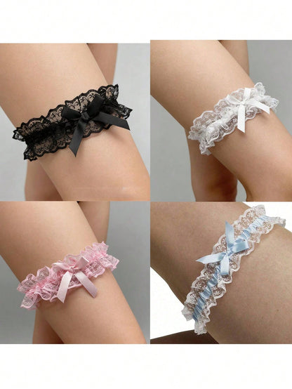 Elegant Lace Elastic Garter Belt With Bow- Bridal Thigh Chain, Blue Mesh Ribbon Leg Garter With Bow, Personalized Lace Bow Elastic Thigh Ring, Sweet & Sexy Style, Summer