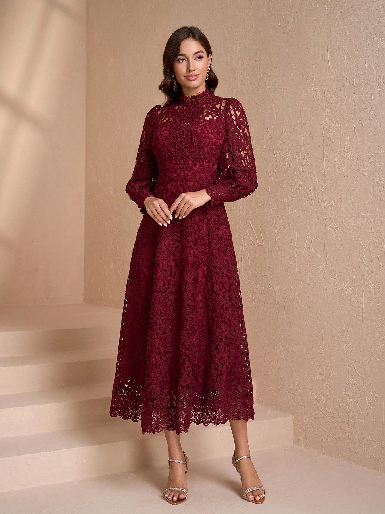 Elegant Long Sleeve Stand Collar Slim Fit Dress, High-End Luxury, Flattering Design For Women Spring