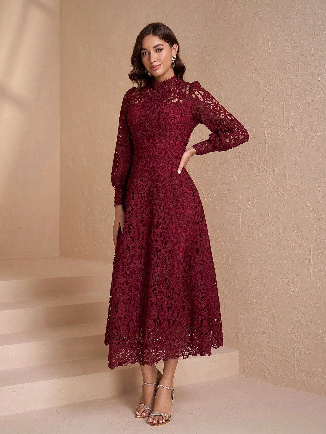 Elegant Long Sleeve Stand Collar Slim Fit Dress, High-End Luxury, Flattering Design For Women Spring