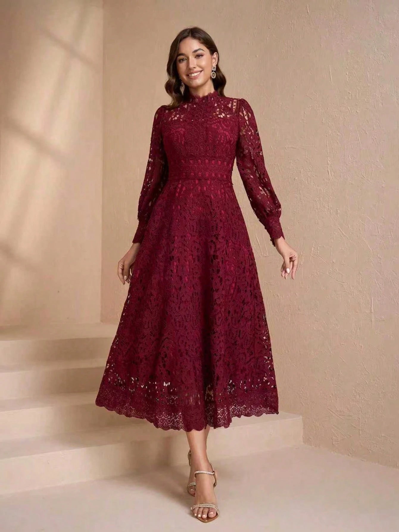Elegant Long Sleeve Stand Collar Slim Fit Dress, High-End Luxury, Flattering Design For Women Spring