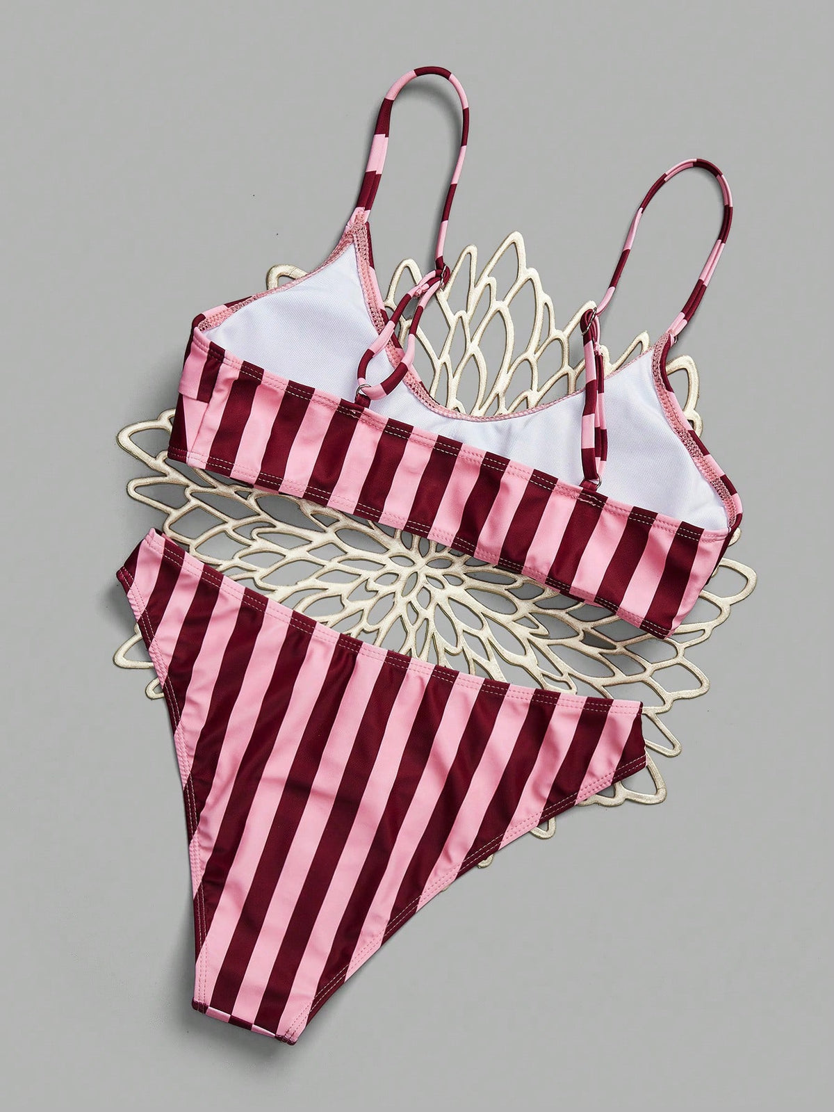 Elegant Vacation Bohemian Pink Striped Adjustable Strap V-Neck Bikini Set 2 Pieces Sets For Women Alt 2580198 Bikinis
