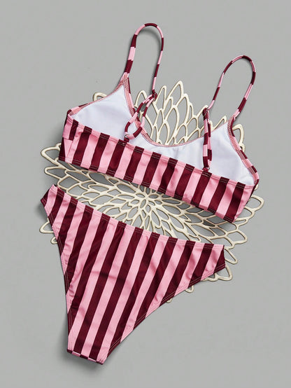 Elegant Vacation Bohemian Pink Striped Adjustable Strap V-Neck Bikini Set 2 Pieces Sets For Women Alt 2580198 Bikinis