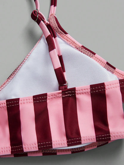Elegant Vacation Bohemian Pink Striped Adjustable Strap V-Neck Bikini Set 2 Pieces Sets For Women Alt 2580198 Bikinis