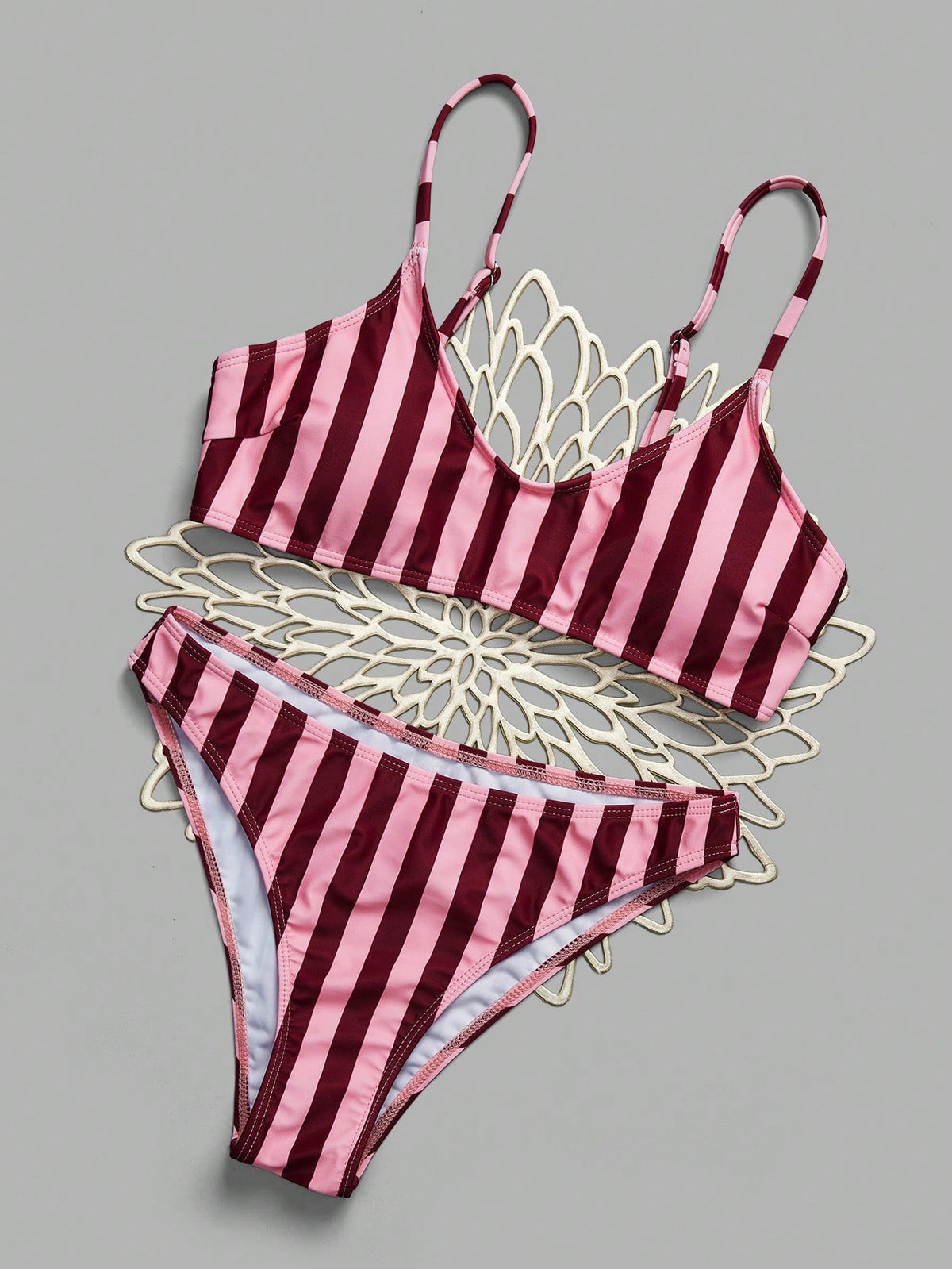 Elegant Vacation Bohemian Pink Striped Adjustable Strap V-Neck Bikini Set 2 Pieces Sets For Women Alt 2580198 Bikinis