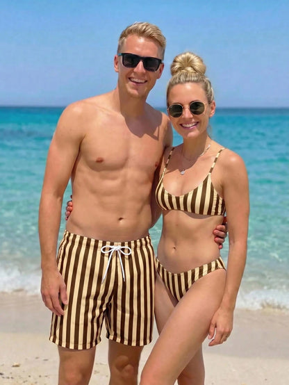 Elegant Vacation Bohemian Pink Striped Adjustable Strap V-Neck Bikini Set 2 Pieces Sets For Women Alt 2580198 Bikinis