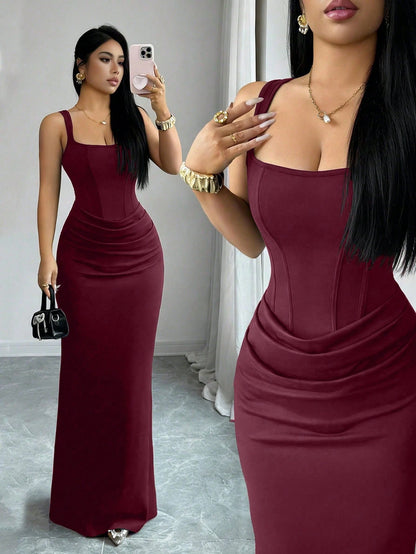 Elenzga Burgundy,Autumn,Elegant,Dining Dress,French Square Neck Faux Boning Trim Bodycon Fish Tail Gown,Waist Drape Design,Wedding Guest Party Dress