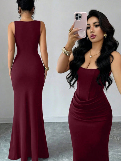 Elenzga Burgundy,Autumn,Elegant,Dining Dress,French Square Neck Faux Boning Trim Bodycon Fish Tail Gown,Waist Drape Design,Wedding Guest Party Dress