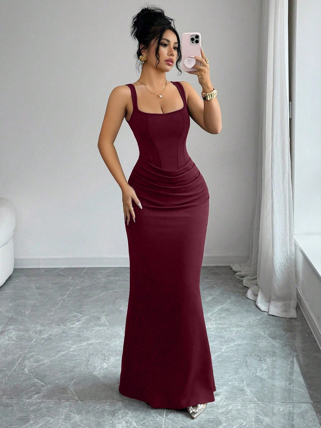Elenzga Burgundy,Autumn,Elegant,Dining Dress,French Square Neck Faux Boning Trim Bodycon Fish Tail Gown,Waist Drape Design,Wedding Guest Party Dress