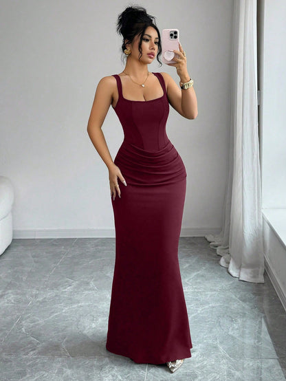 Elenzga Burgundy,Autumn,Elegant,Dining Dress,French Square Neck Faux Boning Trim Bodycon Fish Tail Gown,Waist Drape Design,Wedding Guest Party Dress