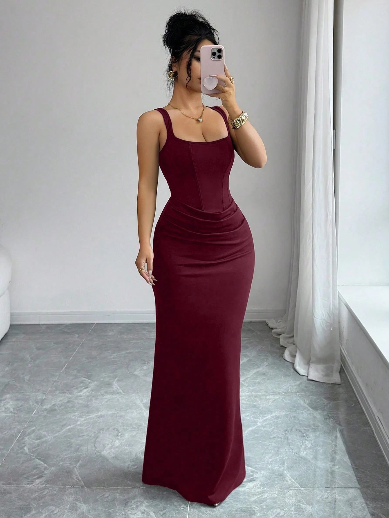 Elenzga Burgundy,Autumn,Elegant,Dining Dress,French Square Neck Faux Boning Trim Bodycon Fish Tail Gown,Waist Drape Design,Wedding Guest Party Dress