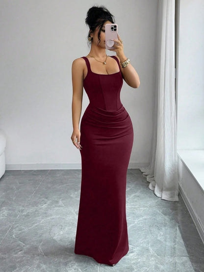 Elenzga Burgundy,Autumn,Elegant,Dining Dress,French Square Neck Faux Boning Trim Bodycon Fish Tail Gown,Waist Drape Design,Wedding Guest Party Dress