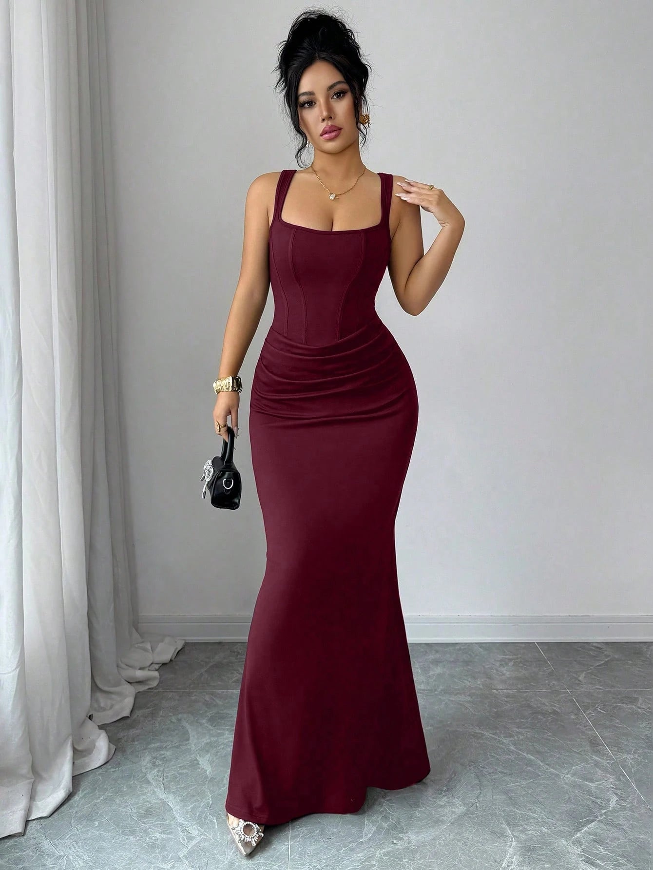 Elenzga Burgundy,Autumn,Elegant,Dining Dress,French Square Neck Faux Boning Trim Bodycon Fish Tail Gown,Waist Drape Design,Wedding Guest Party Dress