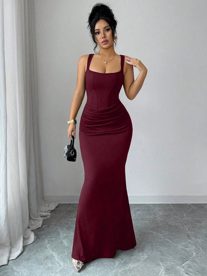 Elenzga Burgundy,Autumn,Elegant,Dining Dress,French Square Neck Faux Boning Trim Bodycon Fish Tail Gown,Waist Drape Design,Wedding Guest Party Dress