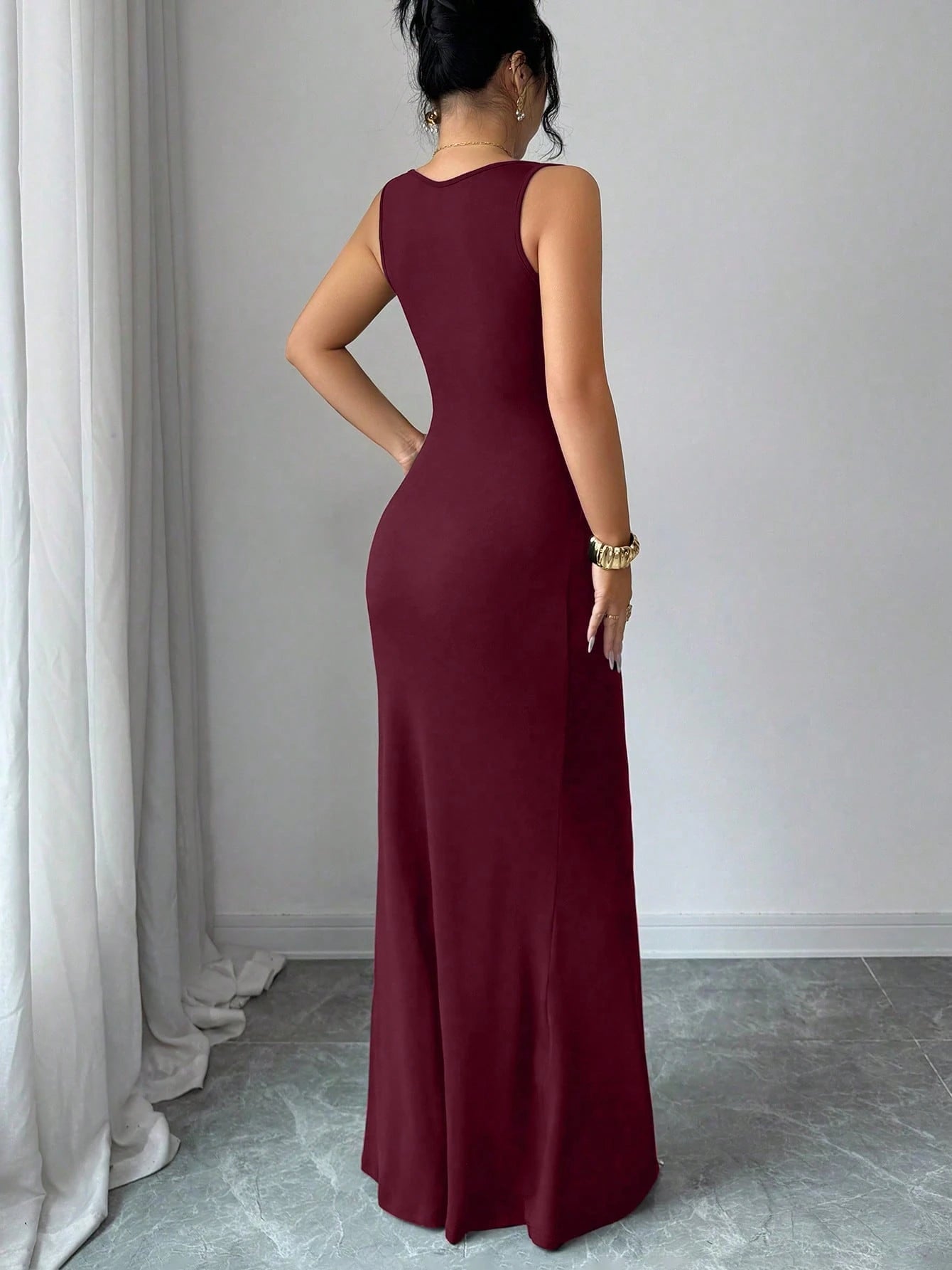 Elenzga Burgundy,Autumn,Elegant,Dining Dress,French Square Neck Faux Boning Trim Bodycon Fish Tail Gown,Waist Drape Design,Wedding Guest Party Dress