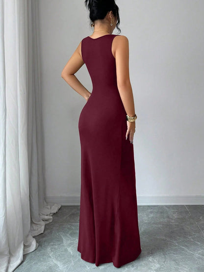 Elenzga Burgundy,Autumn,Elegant,Dining Dress,French Square Neck Faux Boning Trim Bodycon Fish Tail Gown,Waist Drape Design,Wedding Guest Party Dress