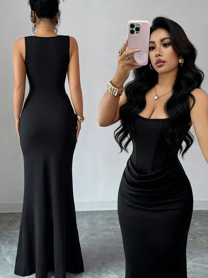 Elenzga Burgundy,Autumn,Elegant,Dining Dress,French Square Neck Faux Boning Trim Bodycon Fish Tail Gown,Waist Drape Design,Wedding Guest Party Dress