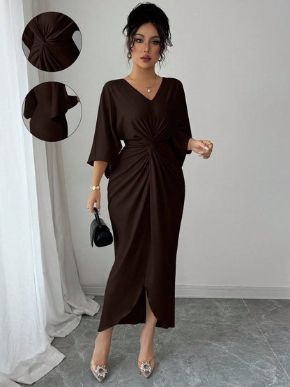 Elenzga Elegant Knitted High Elasticity Batwing Sleeve V-Neck Twist Design Women's Mid-Length Dress