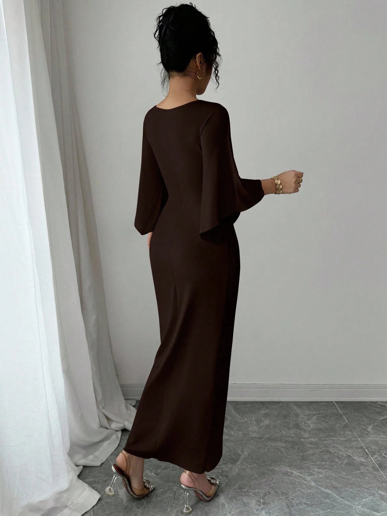 Elenzga Elegant Knitted High Elasticity Batwing Sleeve V-Neck Twist Design Women's Mid-Length Dress