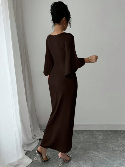 Elenzga Elegant Knitted High Elasticity Batwing Sleeve V-Neck Twist Design Women's Mid-Length Dress