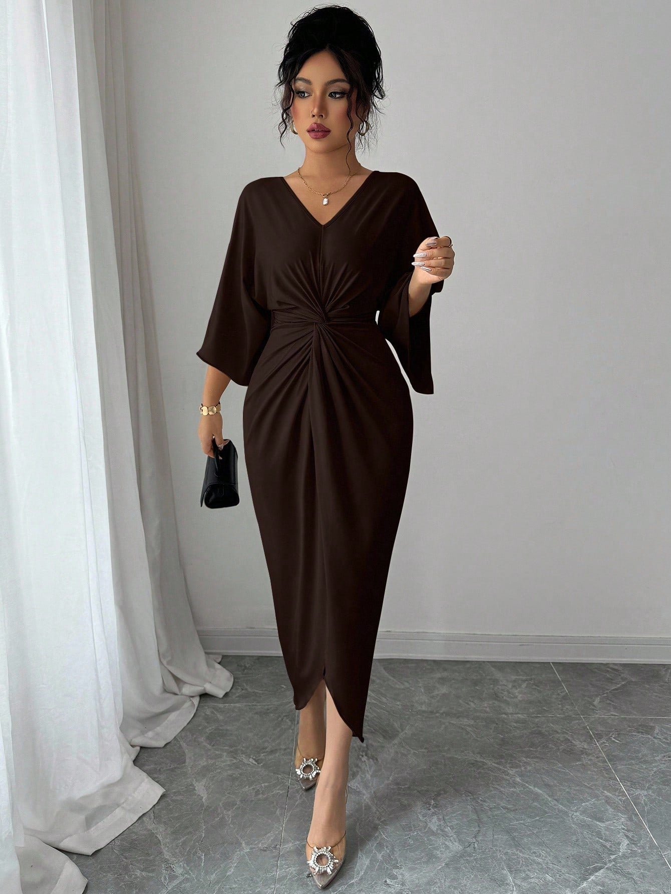 Elenzga Elegant Knitted High Elasticity Batwing Sleeve V-Neck Twist Design Women's Mid-Length Dress