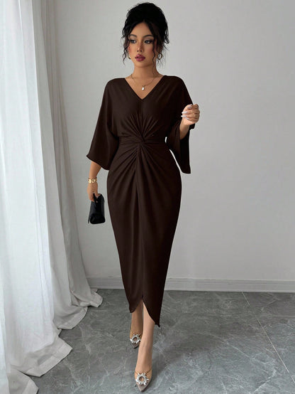 Elenzga Elegant Knitted High Elasticity Batwing Sleeve V-Neck Twist Design Women's Mid-Length Dress