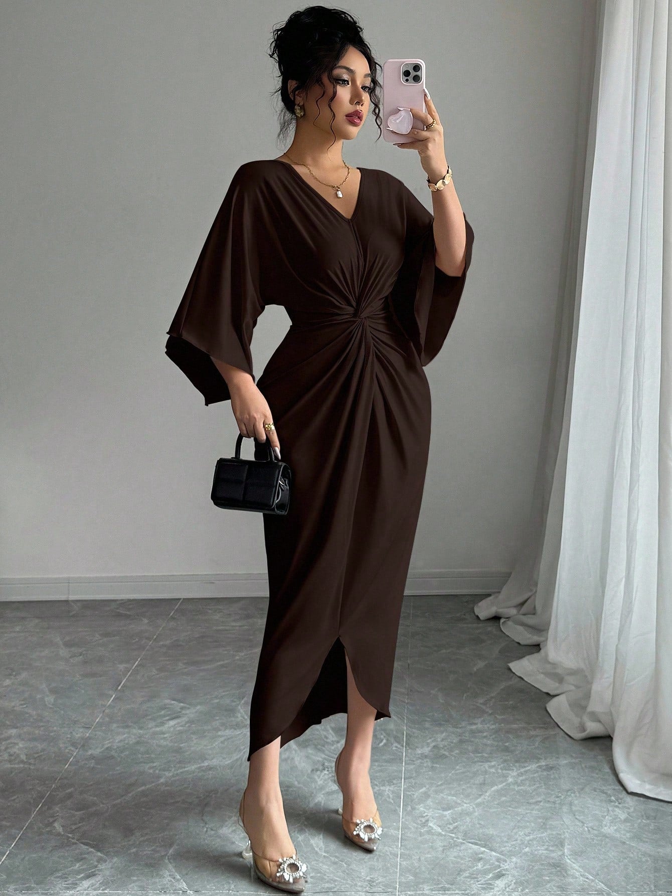 Elenzga Elegant Knitted High Elasticity Batwing Sleeve V-Neck Twist Design Women's Mid-Length Dress