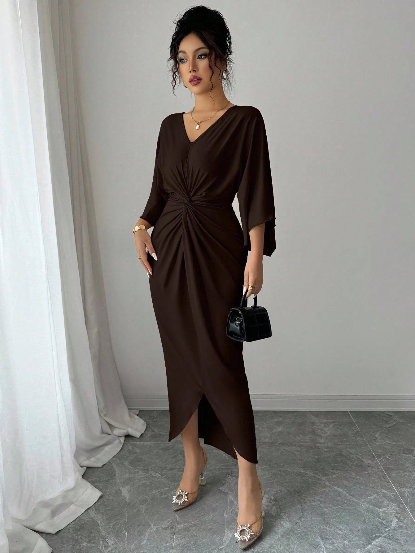 Elenzga Elegant Knitted High Elasticity Batwing Sleeve V-Neck Twist Design Women's Mid-Length Dress