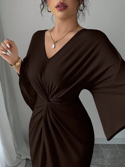 Elenzga Elegant Knitted High Elasticity Batwing Sleeve V-Neck Twist Design Women's Mid-Length Dress