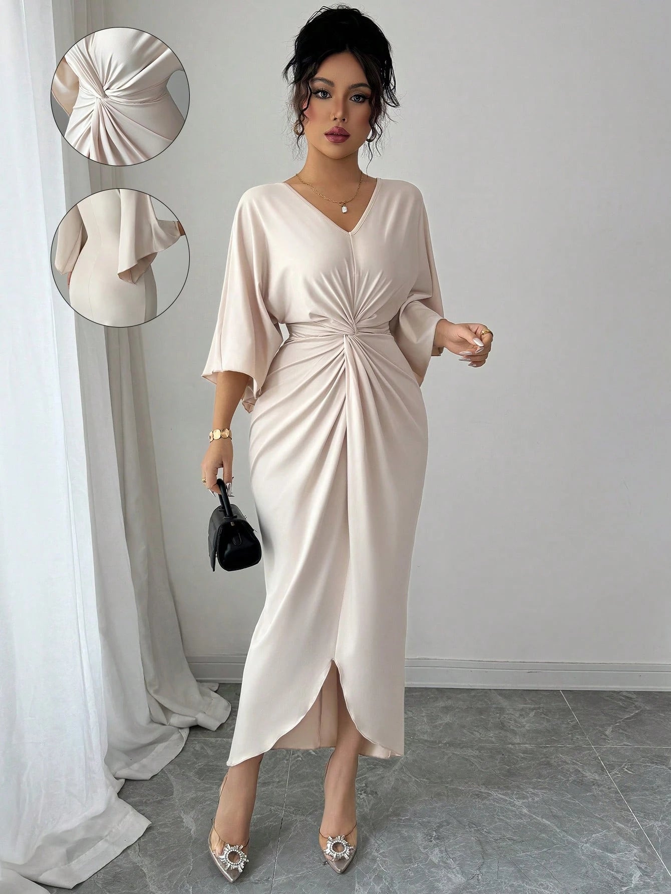 Elenzga Elegant Knitted High Elasticity Batwing Sleeve V-Neck Twist Design Women's Mid-Length Dress