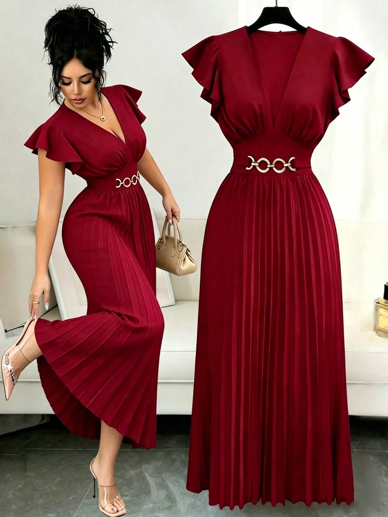 Elenzga New V-Neck Ruffle Sleeve Woven Solid Color Metal Decor Pleated Design Elegant Young Party Cocktail Holiday Maxi Dress For Women