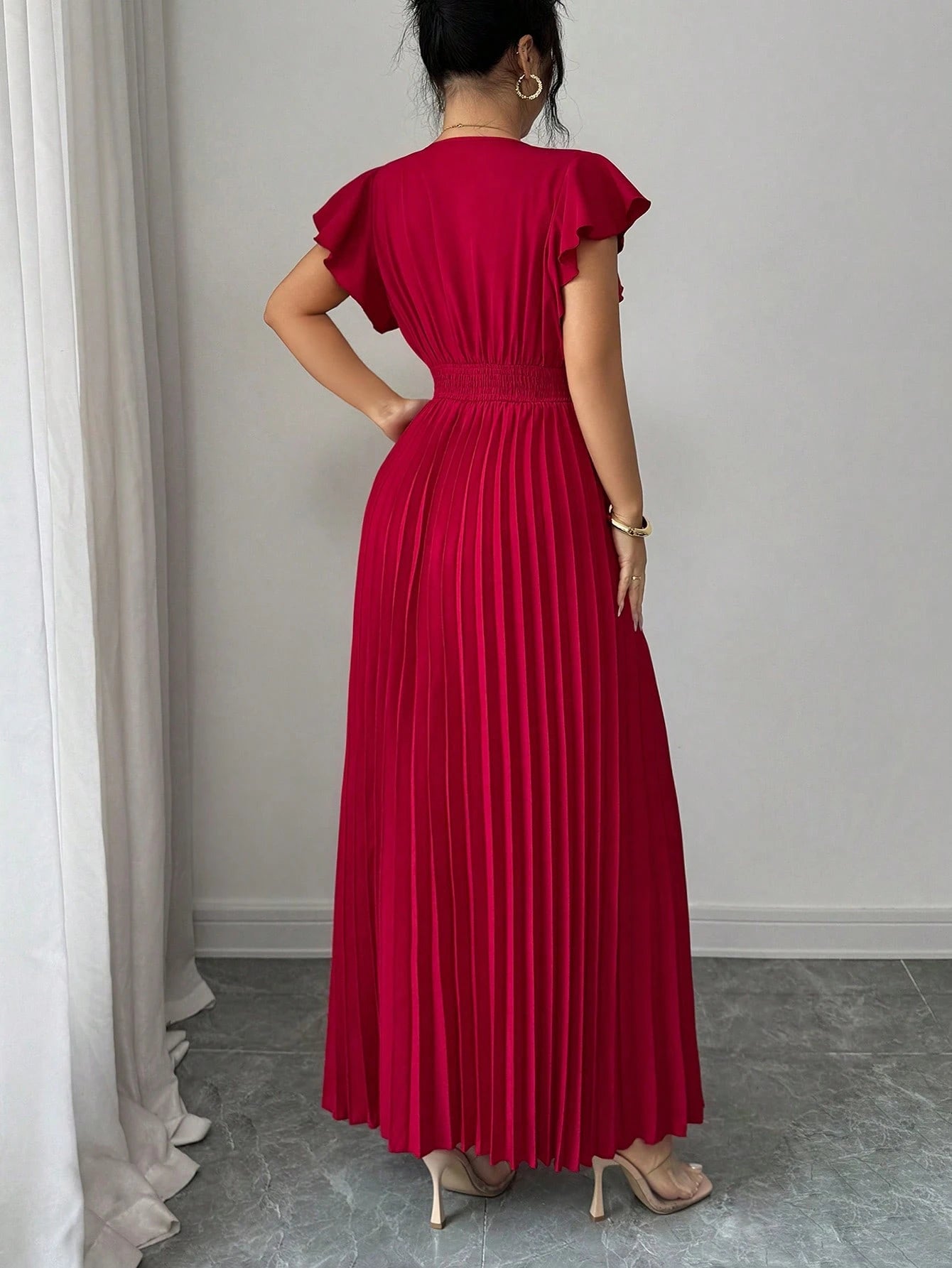 Elenzga New V-Neck Ruffle Sleeve Woven Solid Color Metal Decor Pleated Design Elegant Young Party Cocktail Holiday Maxi Dress For Women