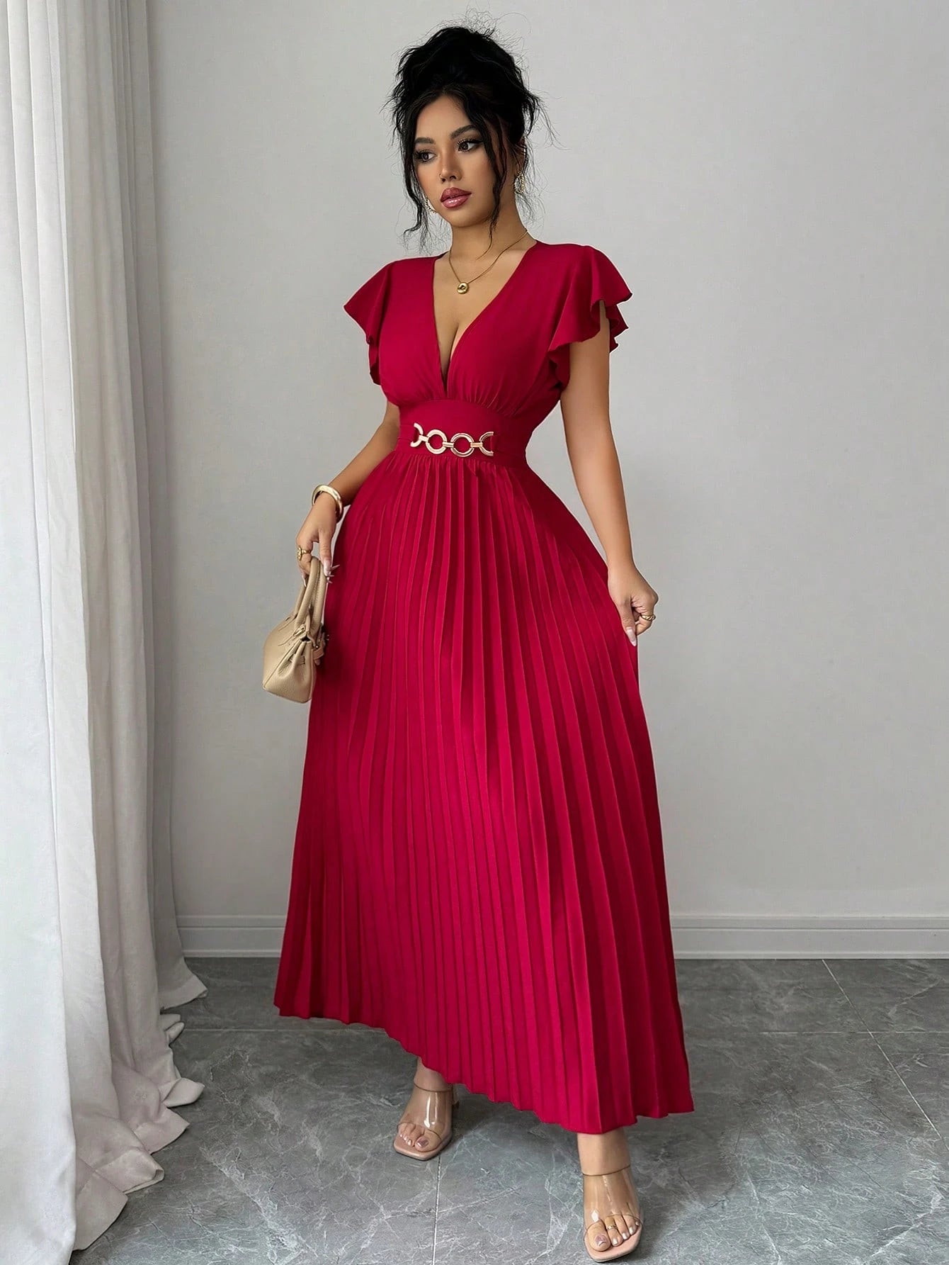 Elenzga New V-Neck Ruffle Sleeve Woven Solid Color Metal Decor Pleated Design Elegant Young Party Cocktail Holiday Maxi Dress For Women