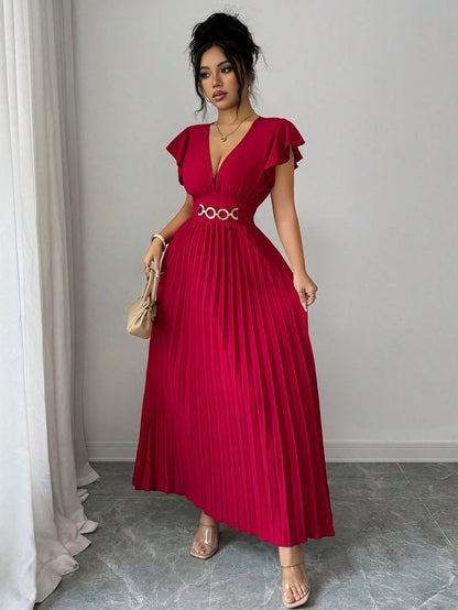Elenzga New V-Neck Ruffle Sleeve Woven Solid Color Metal Decor Pleated Design Elegant Young Party Cocktail Holiday Maxi Dress For Women