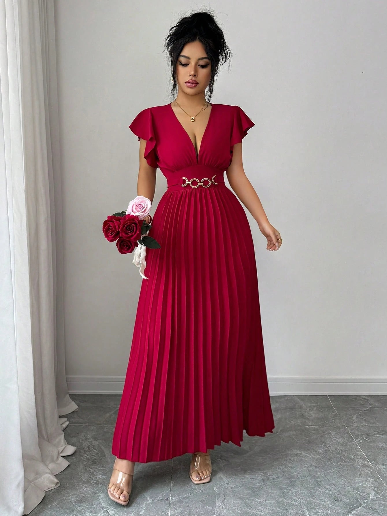 Elenzga New V-Neck Ruffle Sleeve Woven Solid Color Metal Decor Pleated Design Elegant Young Party Cocktail Holiday Maxi Dress For Women