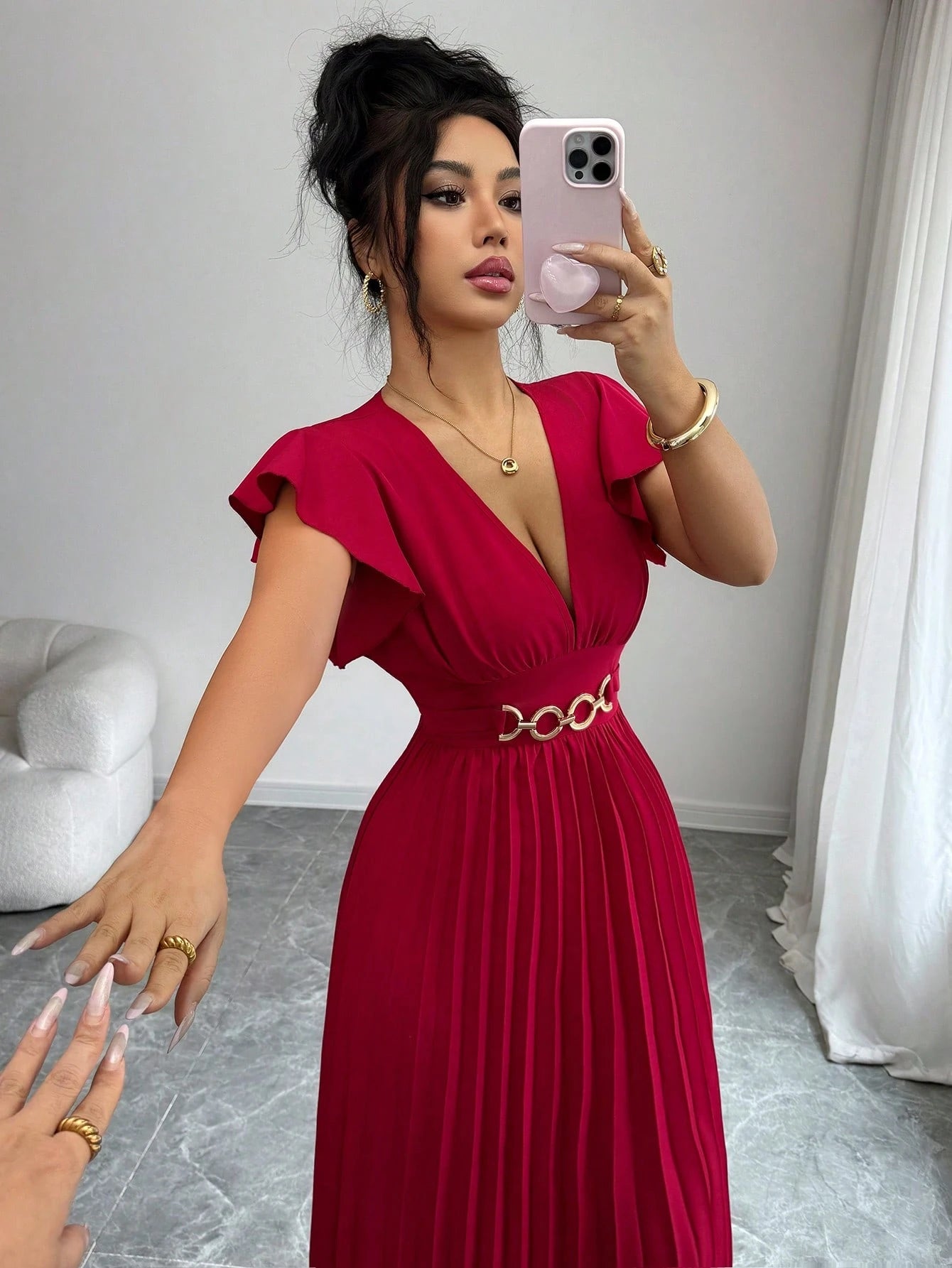 Elenzga New V-Neck Ruffle Sleeve Woven Solid Color Metal Decor Pleated Design Elegant Young Party Cocktail Holiday Maxi Dress For Women