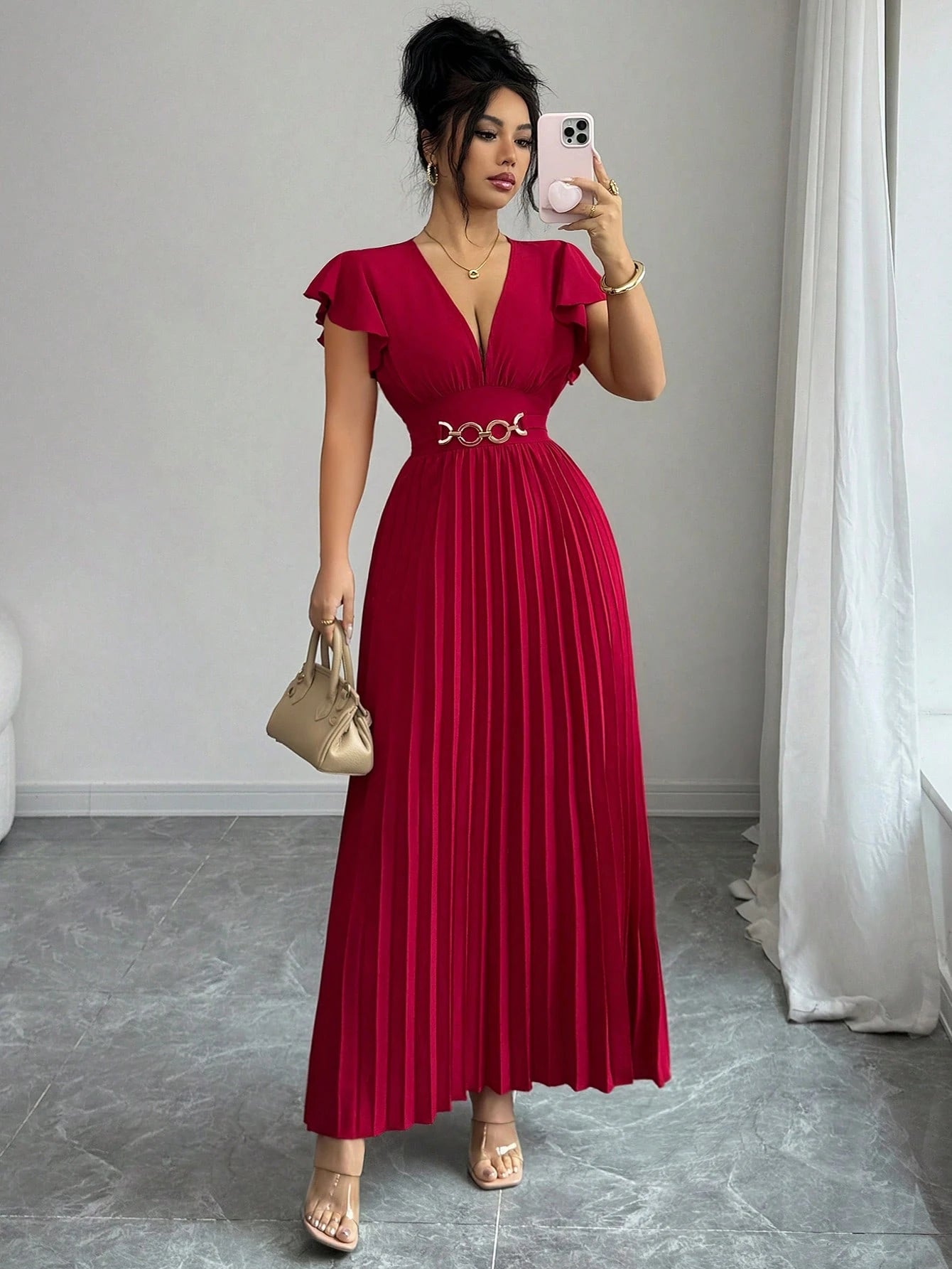 Elenzga New V-Neck Ruffle Sleeve Woven Solid Color Metal Decor Pleated Design Elegant Young Party Cocktail Holiday Maxi Dress For Women