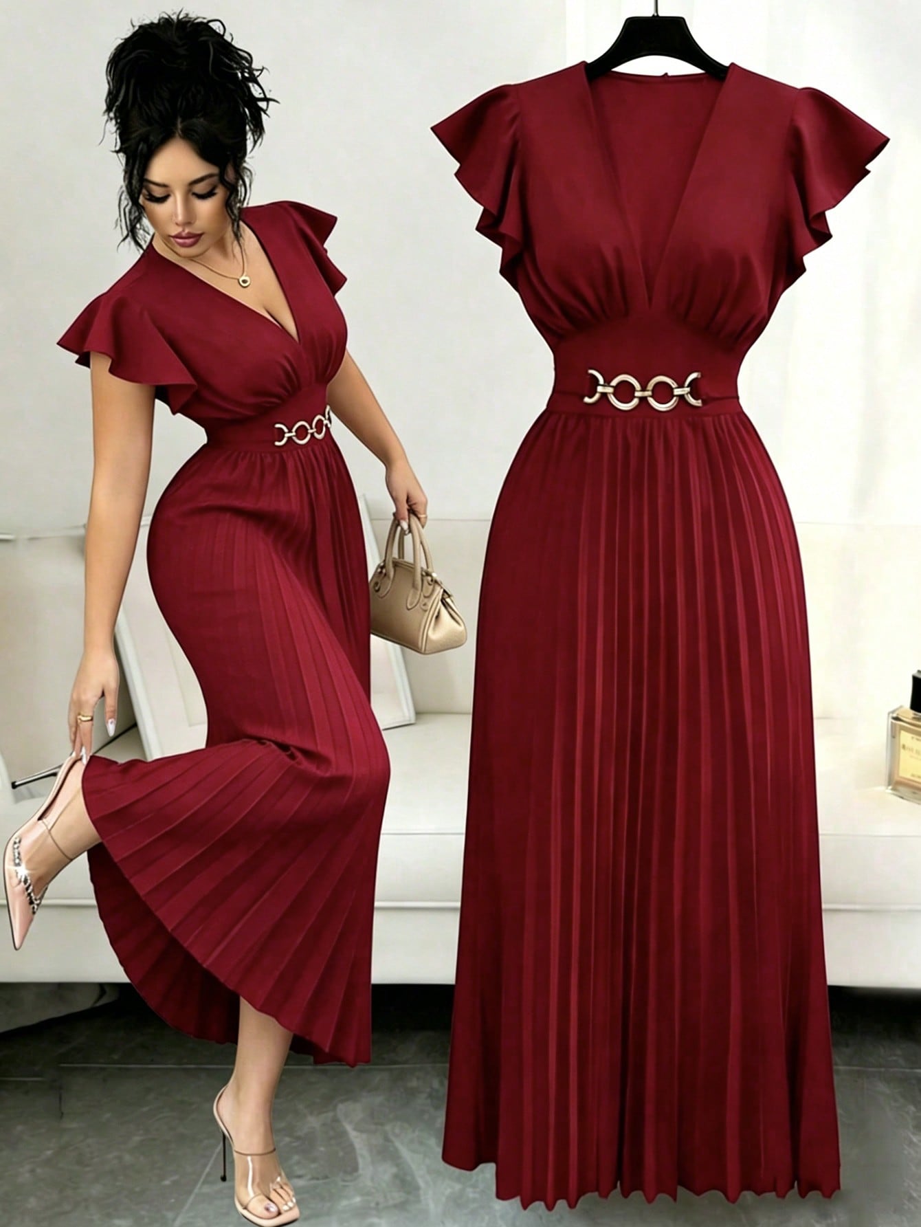 Elenzga New V-Neck Ruffle Sleeve Woven Solid Color Metal Decor Pleated Design Elegant Young Party Cocktail Holiday Maxi Dress For Women