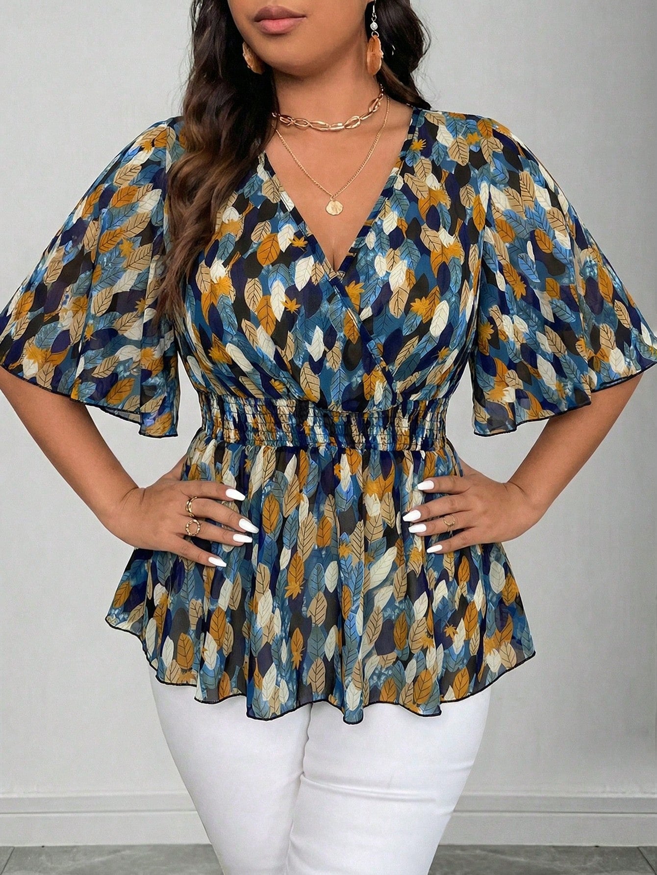 Elenzga Plus Size Elegant Navy Blue Floral Chiffon Blouse For Women Summer Vacation V Neck Ruffle Sleeve Cinched Empire Waist Peplum Boho Wrap Tops