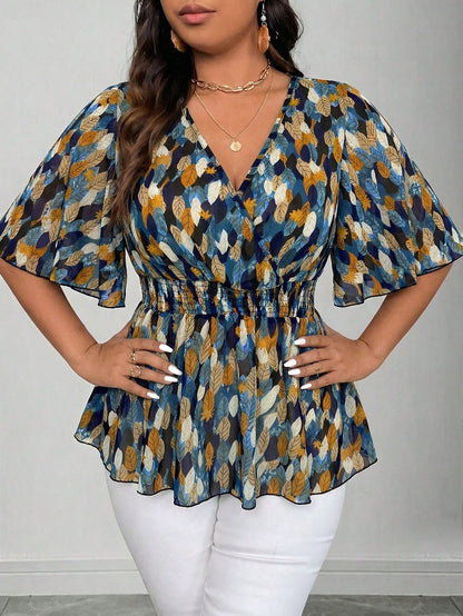 Elenzga Plus Size Elegant Navy Blue Floral Chiffon Blouse For Women Summer Vacation V Neck Ruffle Sleeve Cinched Empire Waist Peplum Boho Wrap Tops