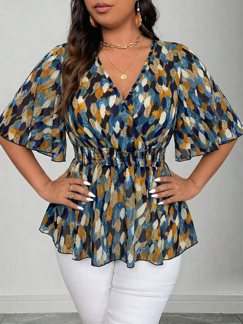 Elenzga Plus Size Elegant Navy Blue Floral Chiffon Blouse For Women Summer Vacation V Neck Ruffle Sleeve Cinched Empire Waist Peplum Boho Wrap Tops