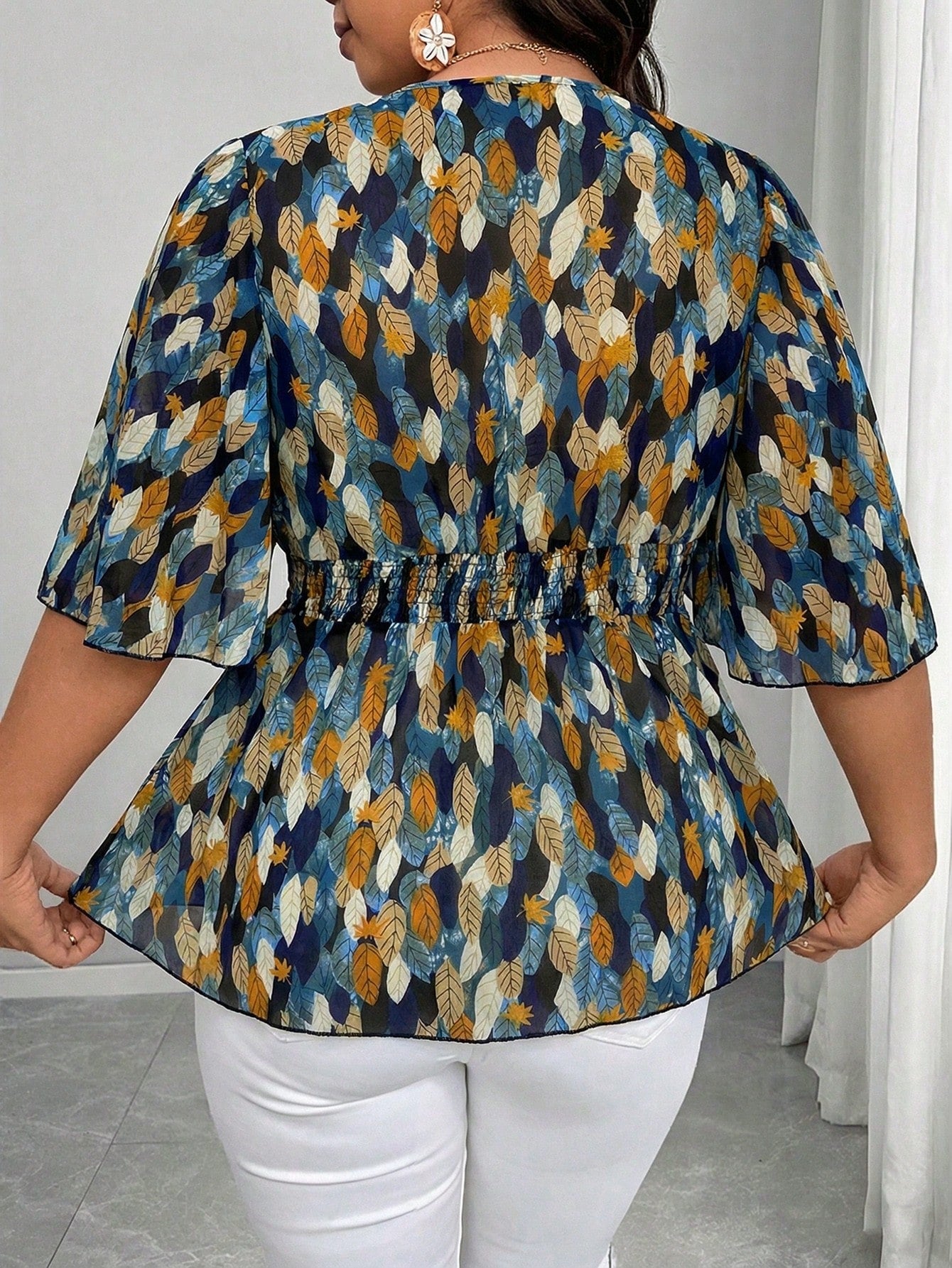 Elenzga Plus Size Elegant Navy Blue Floral Chiffon Blouse For Women Summer Vacation V Neck Ruffle Sleeve Cinched Empire Waist Peplum Boho Wrap Tops