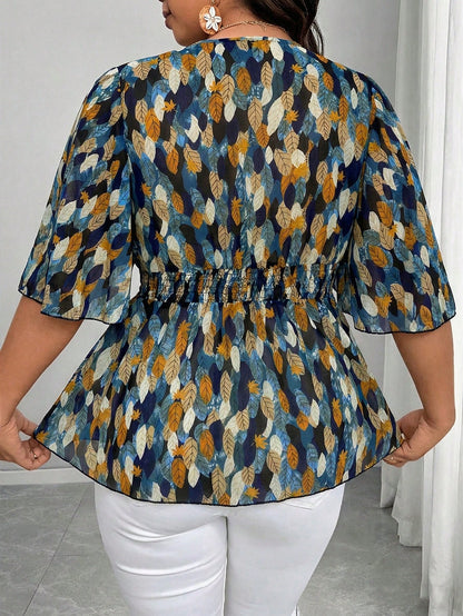 Elenzga Plus Size Elegant Navy Blue Floral Chiffon Blouse For Women Summer Vacation V Neck Ruffle Sleeve Cinched Empire Waist Peplum Boho Wrap Tops