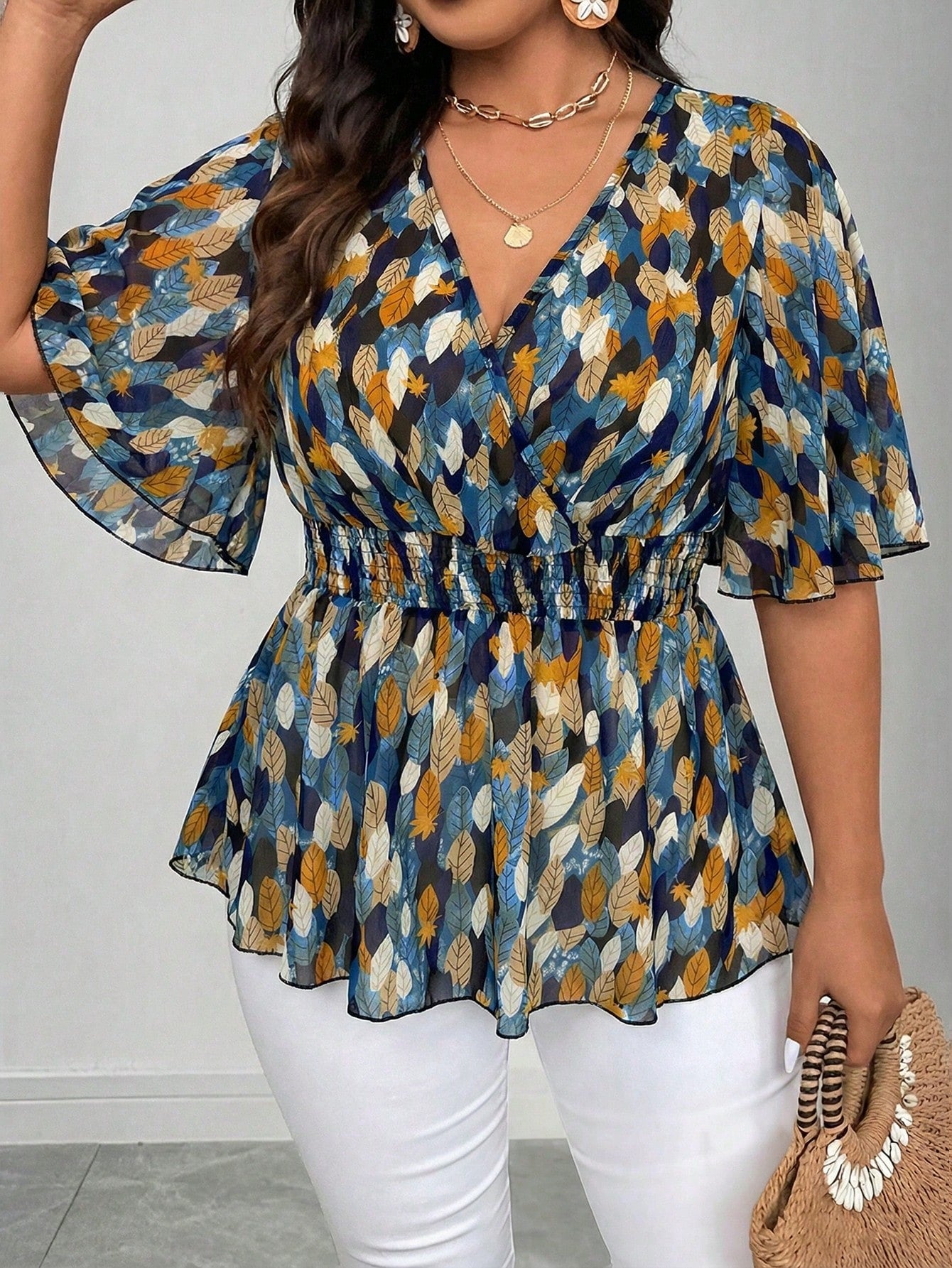 Elenzga Plus Size Elegant Navy Blue Floral Chiffon Blouse For Women Summer Vacation V Neck Ruffle Sleeve Cinched Empire Waist Peplum Boho Wrap Tops