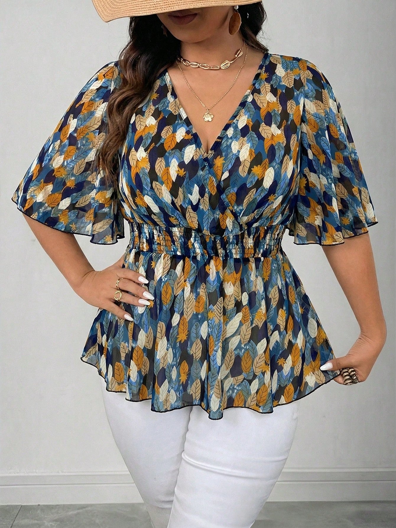 Elenzga Plus Size Elegant Navy Blue Floral Chiffon Blouse For Women Summer Vacation V Neck Ruffle Sleeve Cinched Empire Waist Peplum Boho Wrap Tops
