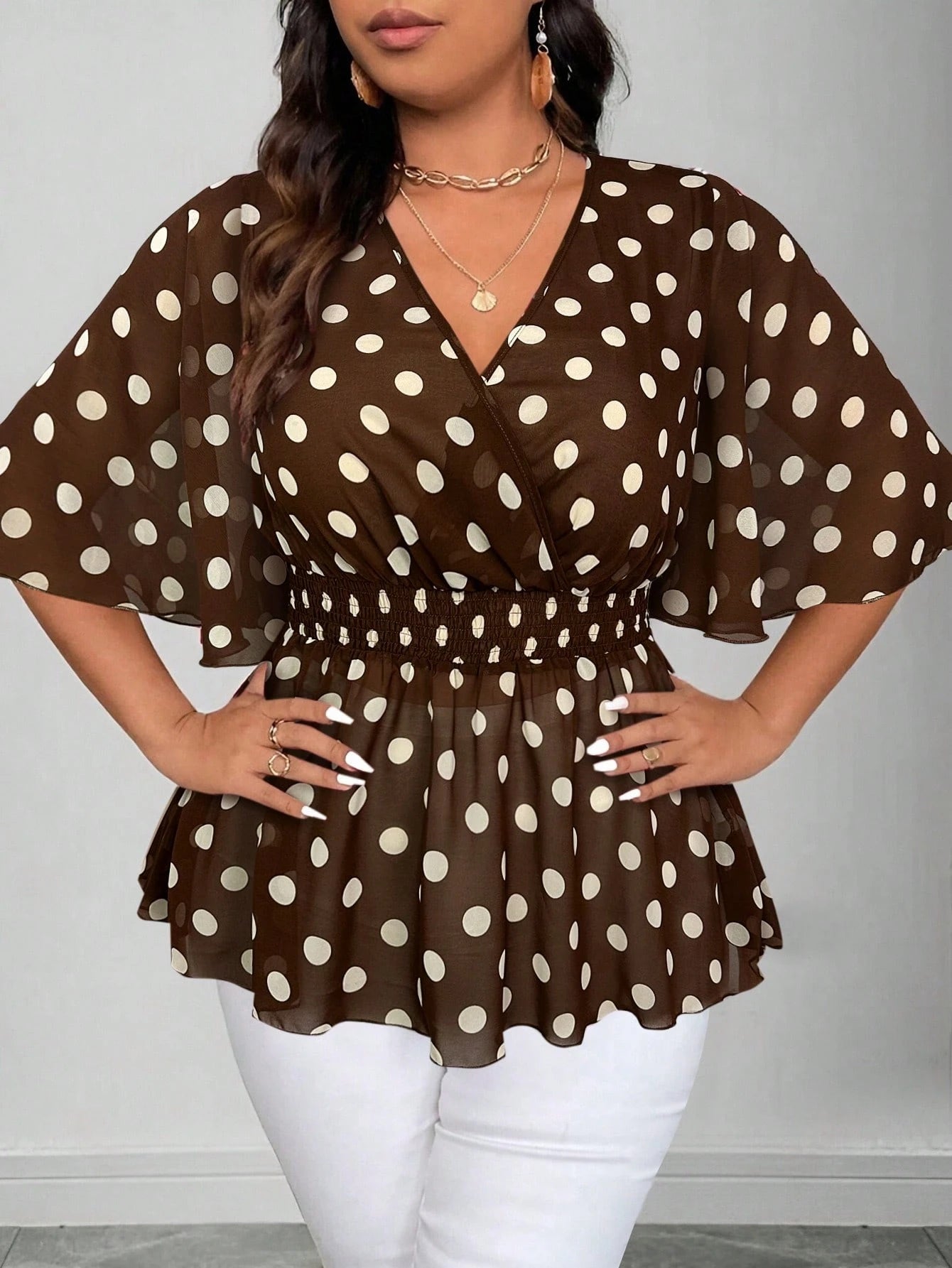 Elenzga Plus Size Elegant Navy Blue Floral Chiffon Blouse For Women Summer Vacation V Neck Ruffle Sleeve Cinched Empire Waist Peplum Boho Wrap Tops