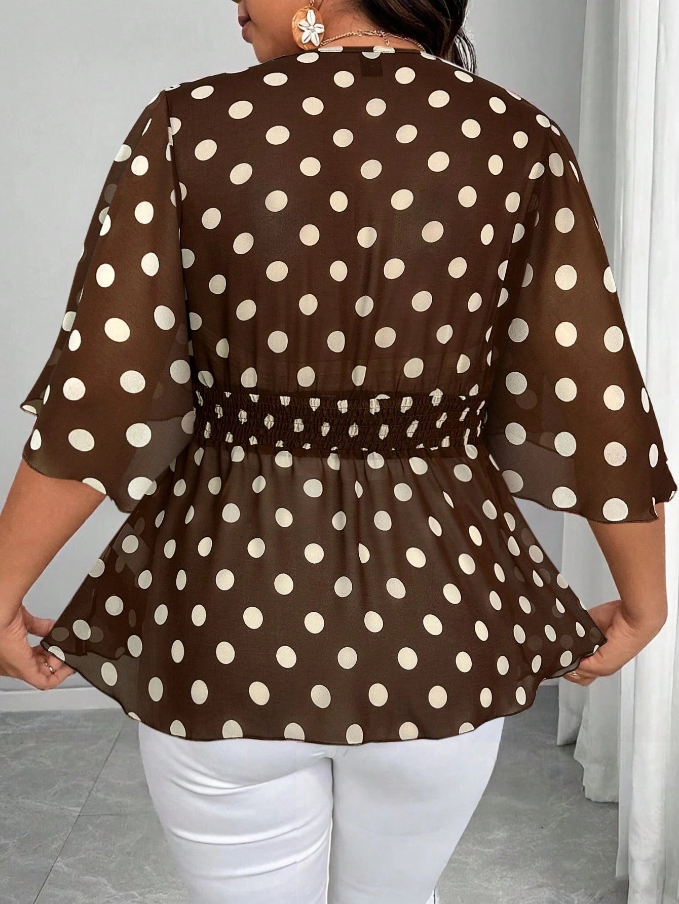 Elenzga Plus Size Elegant Navy Blue Floral Chiffon Blouse For Women Summer Vacation V Neck Ruffle Sleeve Cinched Empire Waist Peplum Boho Wrap Tops