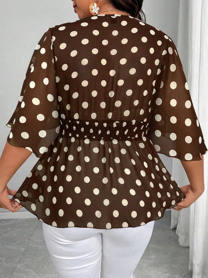 Elenzga Plus Size Elegant Navy Blue Floral Chiffon Blouse For Women Summer Vacation V Neck Ruffle Sleeve Cinched Empire Waist Peplum Boho Wrap Tops