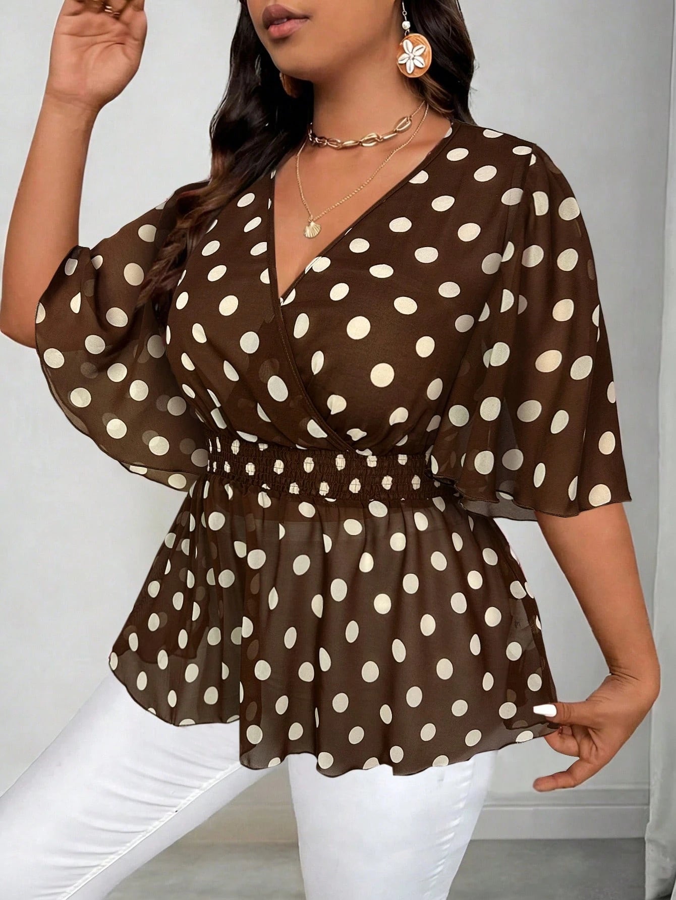 Elenzga Plus Size Elegant Navy Blue Floral Chiffon Blouse For Women Summer Vacation V Neck Ruffle Sleeve Cinched Empire Waist Peplum Boho Wrap Tops