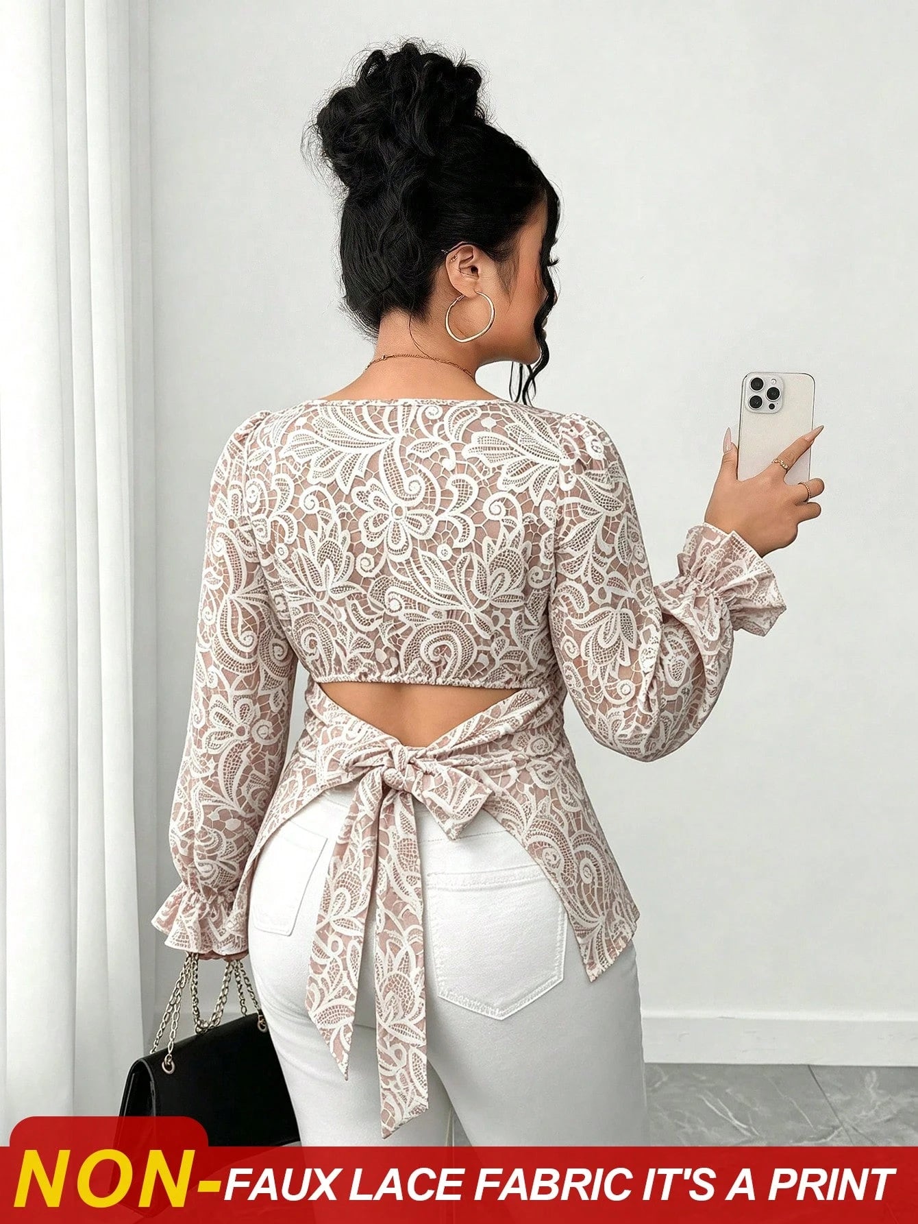 Elenzga Plus Size Women's Elegant Waist-Cinched Long Sleeve Lace-Trimmed Tie-Front Apricot Floral Print Blouse, Suitable For Daily Commute, Outings, Dates, Gatherings, Vacations And More